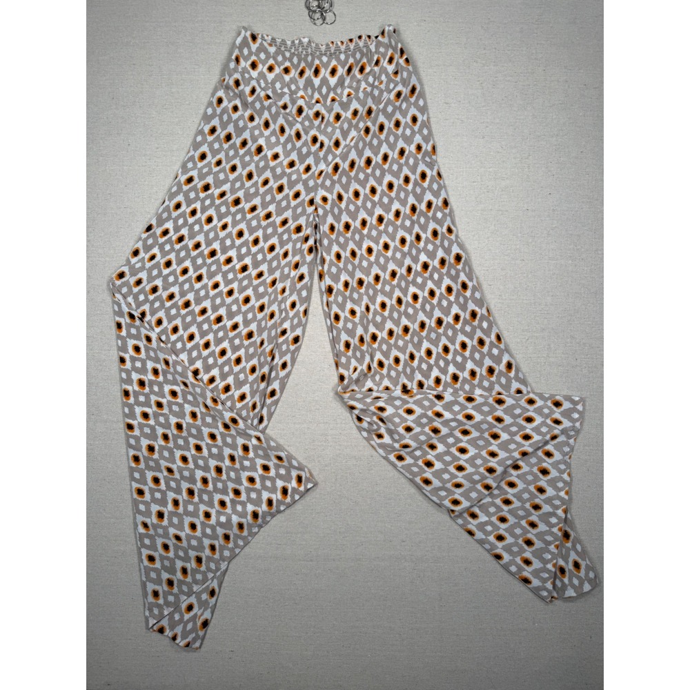 Womens Wide Leg Boho Geometric Ikat Print Smocked Waist Flowy Pants Tan Orange